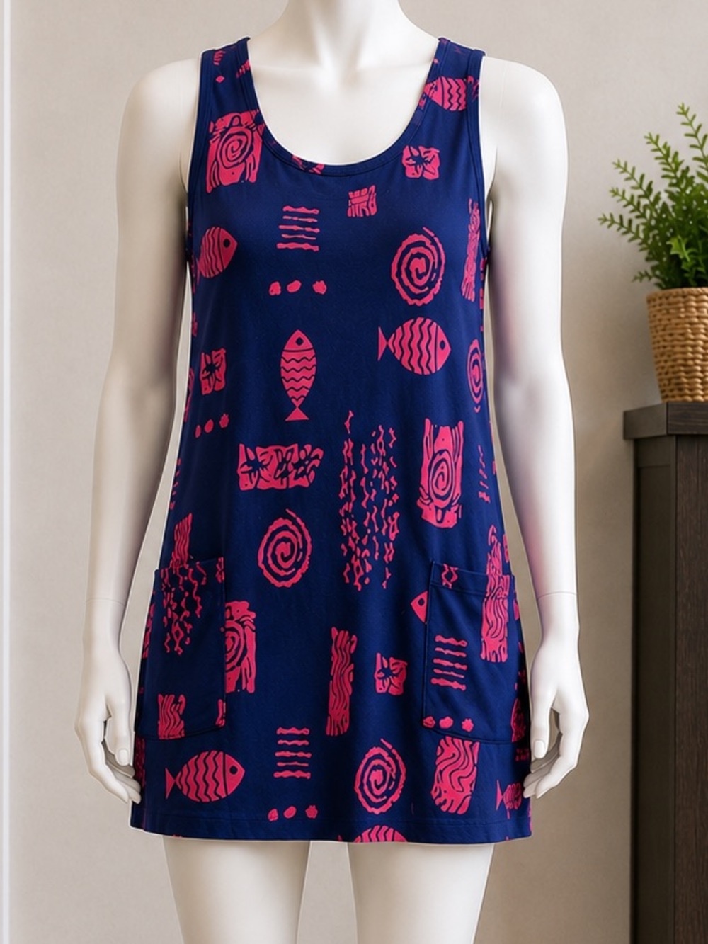 Navy Blue Tank Dress with Pink Nautical Print and Pockets